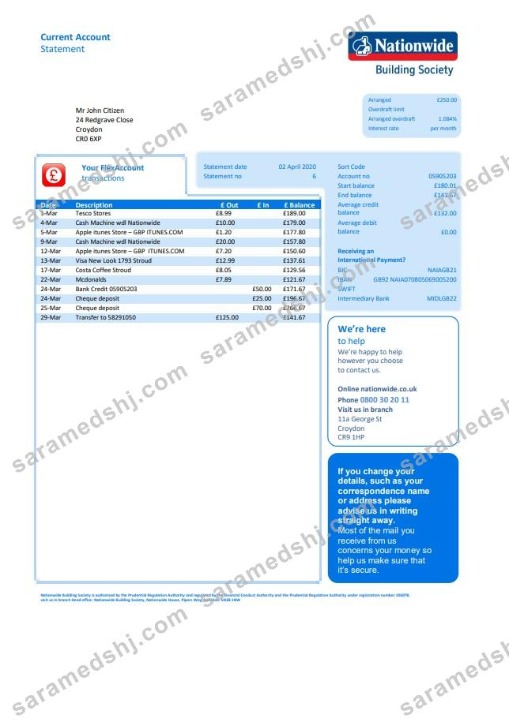 UK Nationwide utility bill template in Word and PDF format